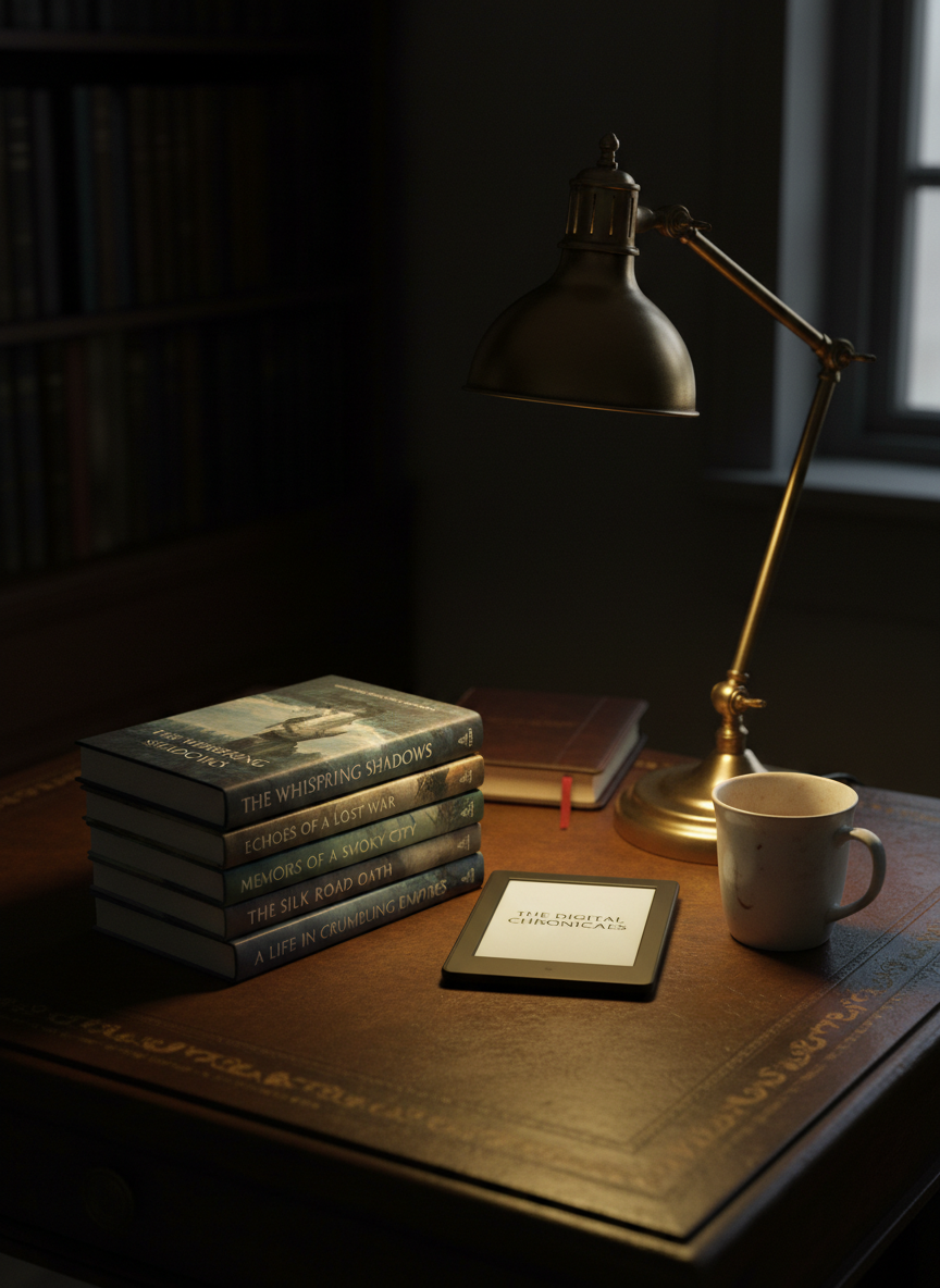 A stack of books and an e-reader beneath a brass desk lamp