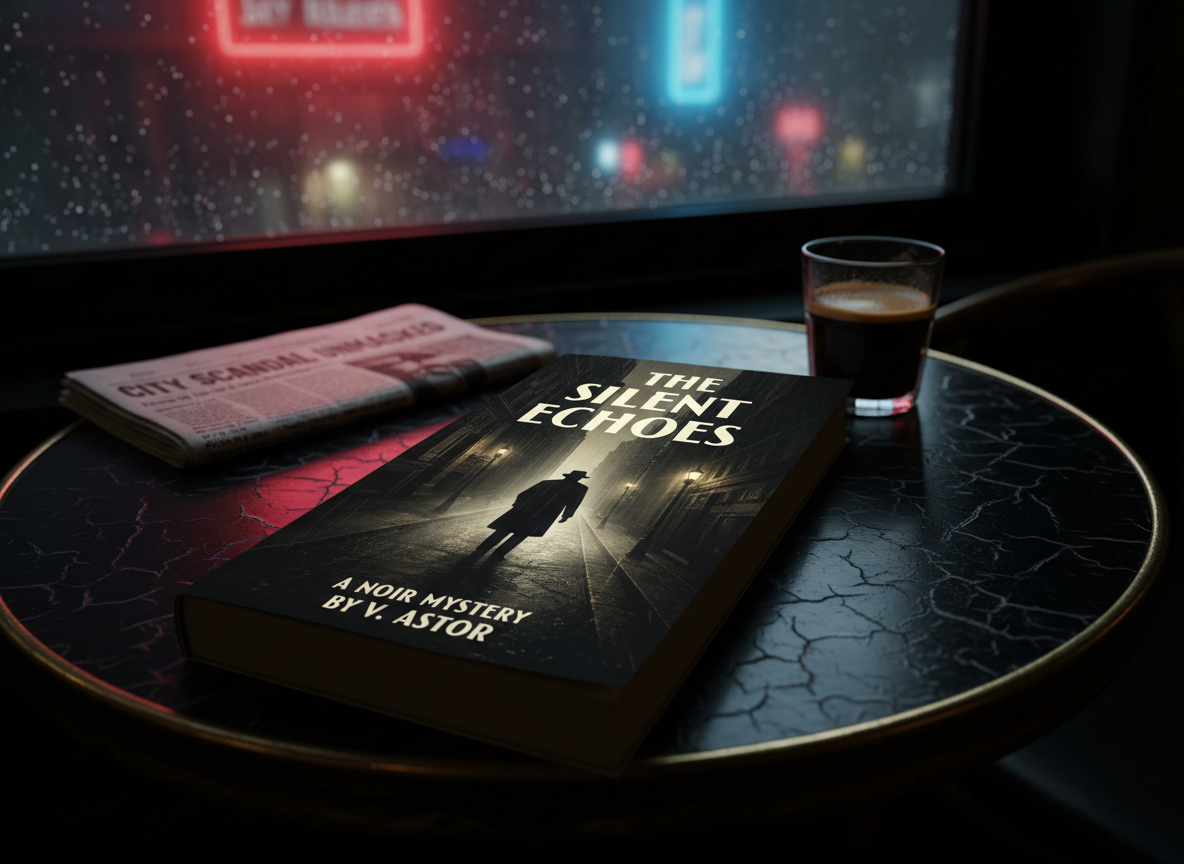 A noir novel on a café table beside a newspaper and espresso